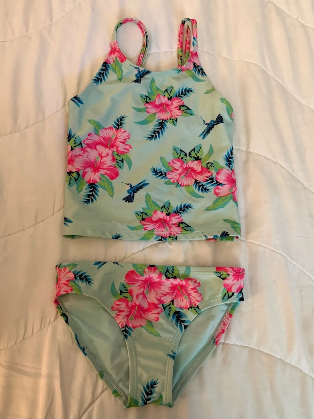 The Children's Place Light Blue Floral Tankini with Pink Hibiscus